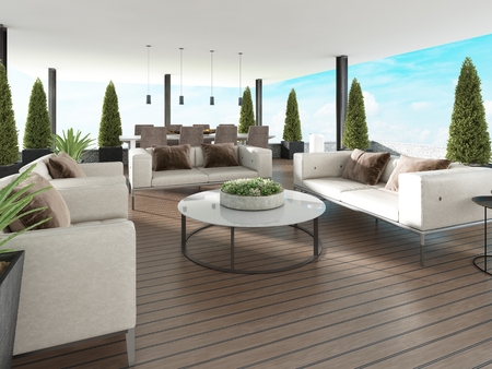 Covered terrace with modern furniture and flowerpots. 3d rendering.の写真素材