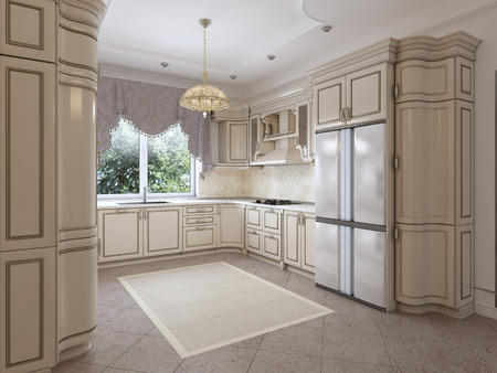 Luxurious modern kitchen in classic style in white colors with a dining table for four people. 3D rendering.の写真素材