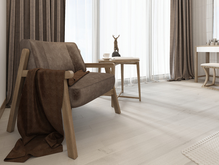 Relax zone bedroom scandinavian style, armchair coffee table. 3D renderingの写真素材