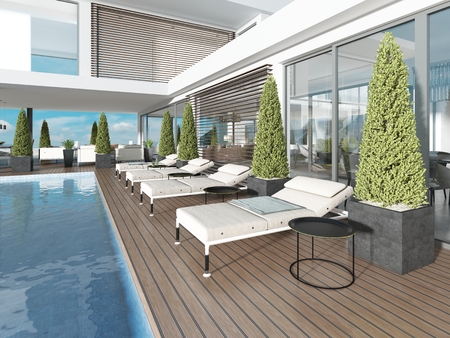 Terrace by the pool with sun loungers near the modern house. 3D renderingの写真素材