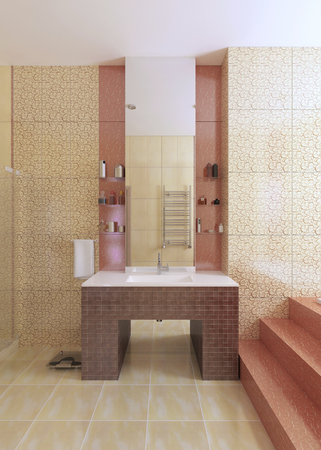 The bathroom sink, made of mosaic burgundy tiles, with a large mirror on the yellow wall. 3D renderingの写真素材