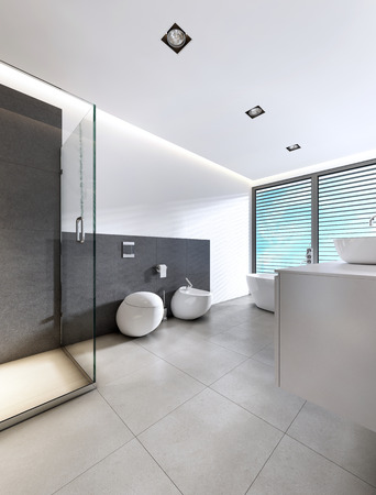 Contemporary bathroom with shower and bath in white and gray colors. 3D renderingの写真素材