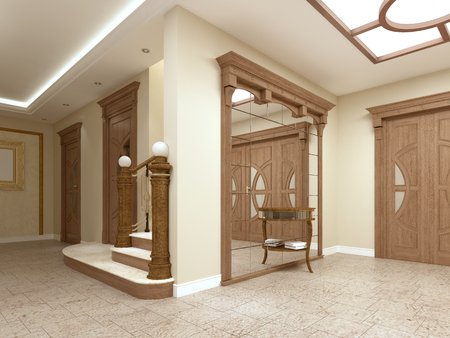 A large mirror with a table for keys in the foyer of a luxurious interior. 3D renderingの写真素材