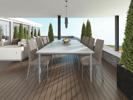 Terrace with dining table in the style of Contemporary. 3D renderingの写真素材