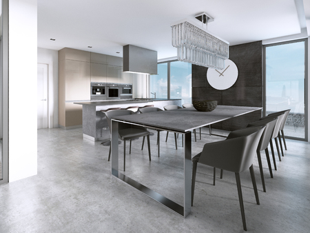 Large modern dining table in contemporary kitchen. 3D renderingの写真素材