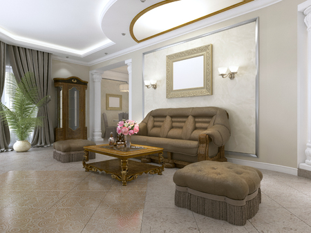 Sofa and two armchairs with a coffee table in a classic style near the wall with a picture. 3D renderingの写真素材