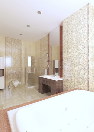 Modern bathroom in yellow and burgundy color with window. 3D renderingの写真素材