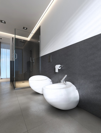 Contemporary bathroom with shower and bath in white and gray colors. 3D renderingの写真素材