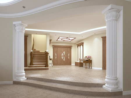 Foyer in a luxury house in a classic style with a staircase. 3D renderingの写真素材