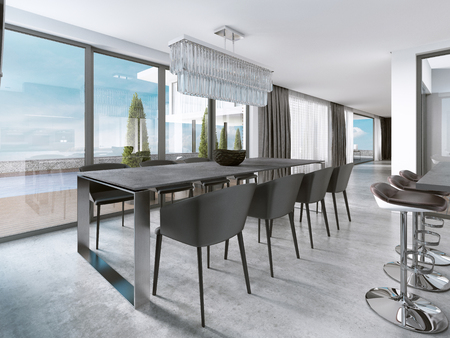 Large modern dining table in contemporary kitchen. 3D renderingの写真素材