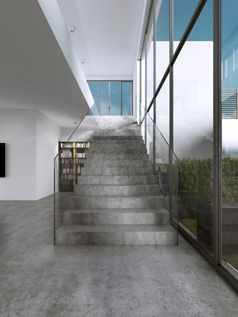 Concrete modern staircase with glass railings. 3D renderingの写真素材