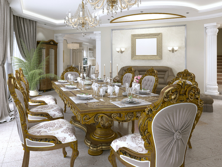 Modern classic dining table in a luxurious baroque living room with serving. 3D rendering.の写真素材