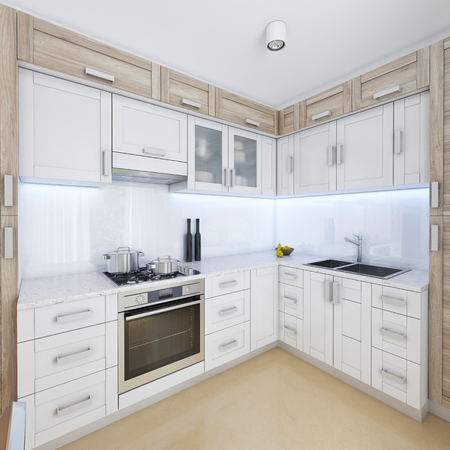 Designer kitchen in contemporary style in pastel colors. 3D renderingの写真素材