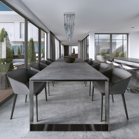 Large modern dining table in contemporary kitchen. 3D renderingの写真素材