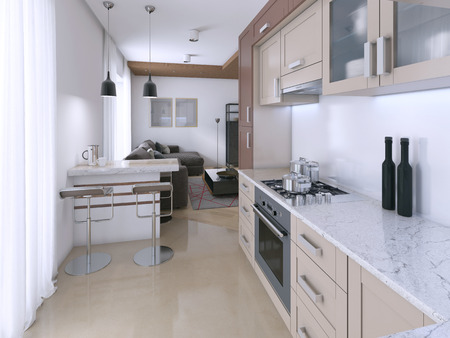 Modern light kitchen in Scandinavian style. 3D renderingの写真素材