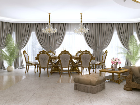 A modern classic living room in an art deco style with a dining table and views of the kitchen and the foyer. 3D rendering.の写真素材