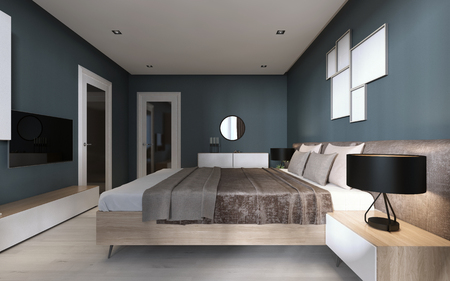 Contemporary bedroom with dark blue walls and light furniture and two brown chairs. 3D renderingの写真素材