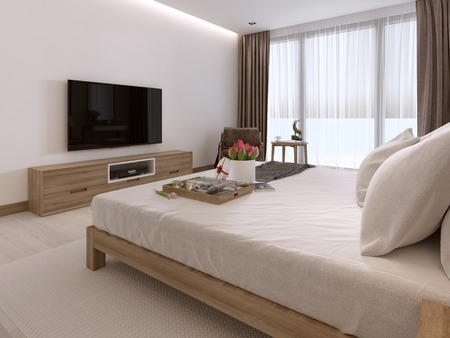 Modern light bedroom with wooden furniture in Scandinavian style. 3D renderingの写真素材