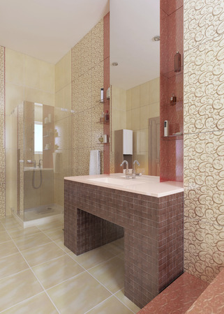 The bathroom sink, made of mosaic burgundy tiles, with a large mirror on the yellow wall. 3D renderingの写真素材