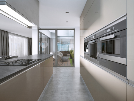 Contemporary kitchen with large windows and island with bar stools. 3D rendering.の写真素材