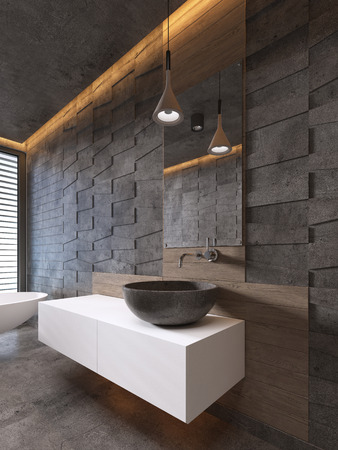 bathroom vanities white color stone washbasin, contemporary style. 3D renderingの写真素材