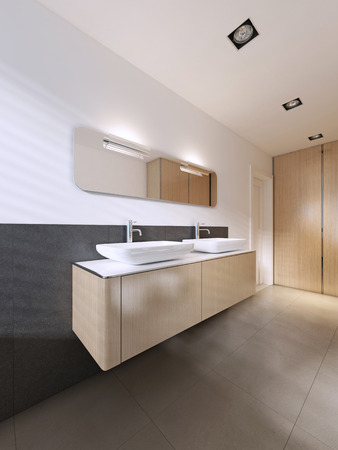 bathroom vanities with a mirror and two washbasins in scandinavian style. 3D renderingの写真素材