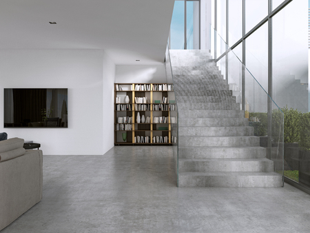 Library shelves with books in the contemporary room and large windows, under the stairs. 3D rendering.の写真素材