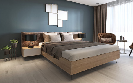 Contemporary bedroom with dark blue walls and light furniture and two brown chairs. 3D renderingの写真素材
