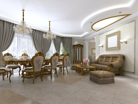 A modern classic living room in an art deco style with a dining table and views of the kitchen and the foyer. 3D rendering.の写真素材