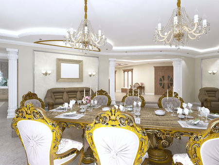 A modern classic living room in an art deco style with a dining table and views of the kitchen and the foyer. 3D rendering.の写真素材
