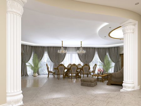 A modern classic living room in an art deco style with a dining table and views of the kitchen and the foyer. 3D rendering.の写真素材