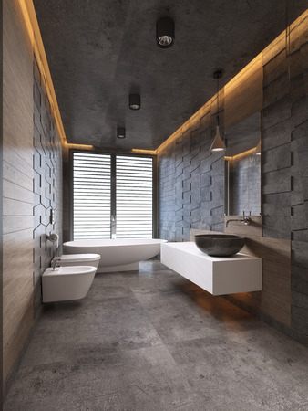Contemporary bathroom in dark tones with ceiling lighting. 3D renderingの写真素材