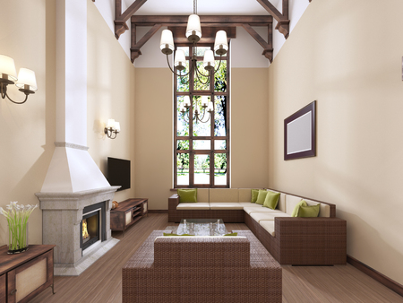 The interior is modern English style with a fireplace. High ceilings with wooden beams. 3D renderingの写真素材