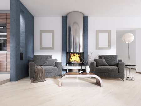 Two chairs near the fireplace in Contemporary style. 3D renderingの写真素材
