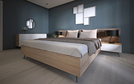Contemporary bedroom with dark blue walls and light furniture and two brown chairs. 3D renderingの写真素材