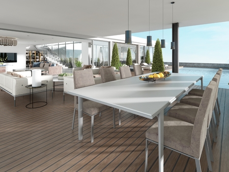 Terrace with dining table in the style of Contemporary. 3D renderingの写真素材