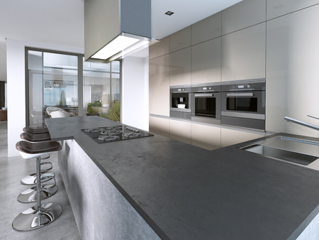 Contemporary kitchen with large windows and island with bar stools. 3D rendering.の写真素材