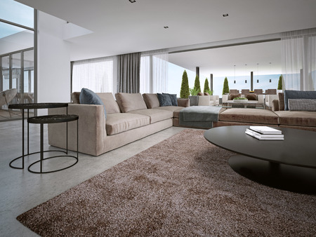Modern large sofa with armchairs in Contemporary house. 3D renderingの写真素材
