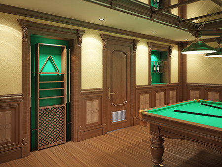 Billiard inventory in niches for playing billiards. 3D rendering.の写真素材