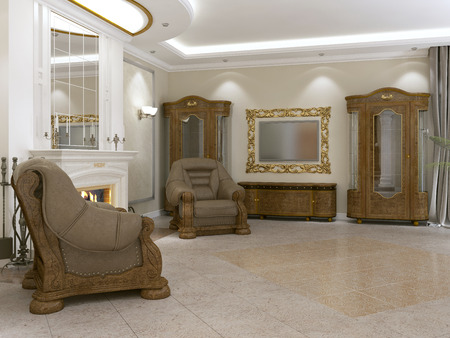 A modern classic living room in an art deco style with a dining table and views of the kitchen and the foyer. 3D rendering.の写真素材