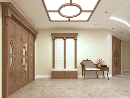 A pier with a bench in the foyer of a luxury house. 3D renderingの写真素材
