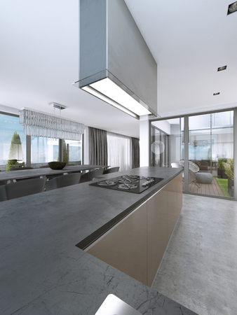 Contemporary kitchen with large windows and island with bar stools. 3D rendering.の写真素材