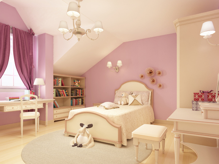 Light children's room in a classical style for a girl. 3D rendering.の写真素材
