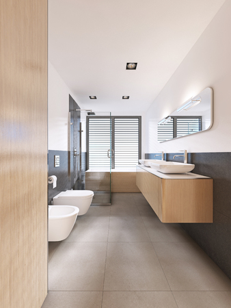modern bathroom in Scandinavian style with wooden furniture. 3D renderingの写真素材