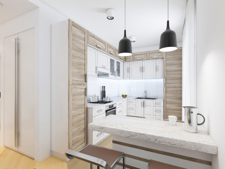 Designer kitchen in contemporary style in pastel colors. 3D renderingの写真素材