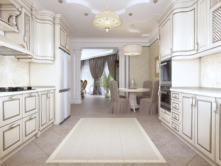 Luxurious modern kitchen in classic style in white colors with a dining table for four people. 3D rendering.の写真素材