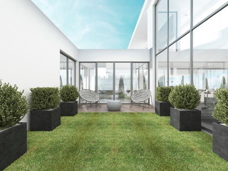 Backyard houses in the style of Contemporary with two modern chairs. 3D renderingの写真素材