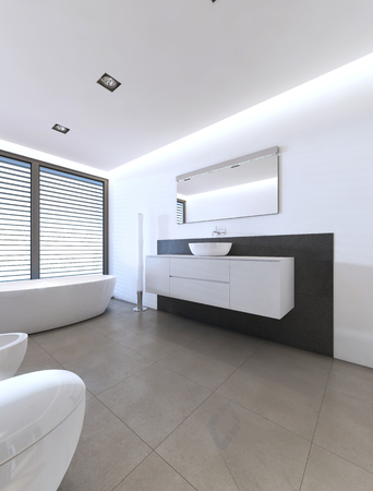 Contemporary bathroom with shower and bath in white and gray colors. 3D renderingの写真素材