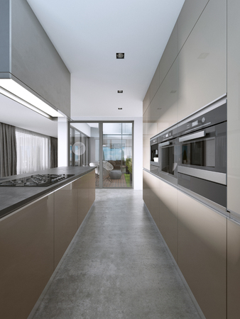 Contemporary kitchen with large windows and island with bar stools. 3D rendering.の写真素材