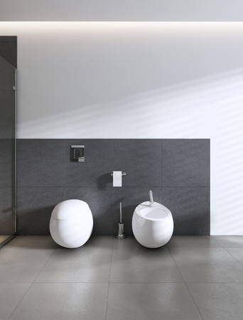 Toilet and bidet in white bathroom. 3D renderingの写真素材
